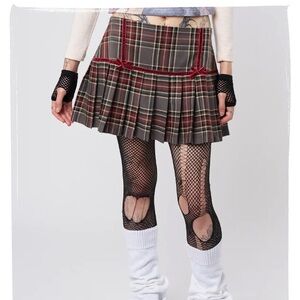 Plaid Pleated Mini Skirt Multi Plaid Brown with Red Velvet Trim Bows - Y2K Alt